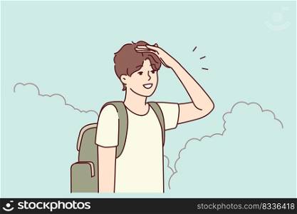 Young man with backpack stand in bushes looking for road. Millennial guy traveler get lost in park searching way out. Travel and navigation. Vector illustration. . Man with backpack search way
