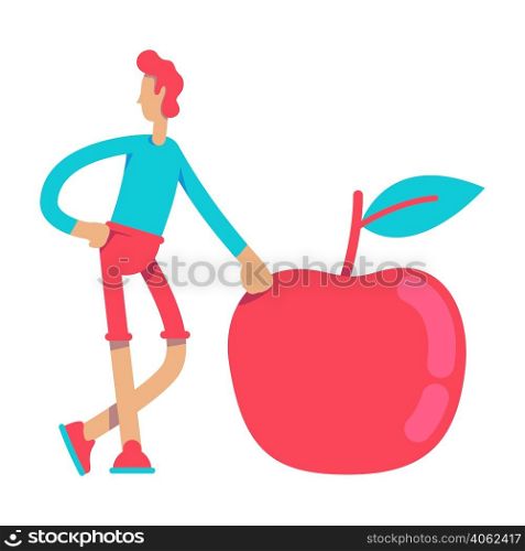 Young man with big red apple semi flat color vector character. Healthy lifestyle. Posing figure. Full body person on white. Simple cartoon style illustration for web graphic design and animation. Young man with big red apple semi flat color vector character