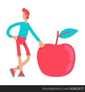 Young man with big red apple semi flat color vector character. Healthy lifestyle. Posing figure. Full body person on white. Simple cartoon style illustration for web graphic design and animation. Young man with big red apple semi flat color vector character