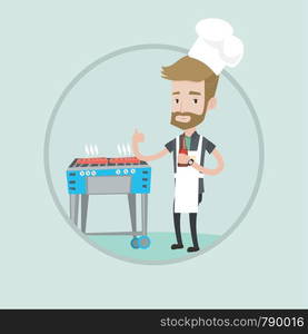 Young man with bottle in hand cooking meat on gas barbecue grill and giving thumb up. Hipster man cooking steak on barbecue grill. Vector flat design illustration in the circle isolated on background.. Man cooking steak on gas barbecue grill.