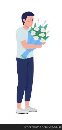 Young man with bouquet semi flat color vector character. Full body person on white. Giving bundle of fresh flowers isolated modern cartoon style illustration for graphic design and animation. Young man with bouquet semi flat color vector character