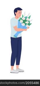 Young man with bouquet semi flat color vector character. Full body person on white. Giving bundle of fresh flowers isolated modern cartoon style illustration for graphic design and animation. Young man with bouquet semi flat color vector character