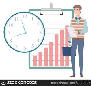 Young man with briefcase and document standing in front of clipboard with rising column chart. Time management, planning concept vector illustration. Man with Briefcase and Document Standing Vector
