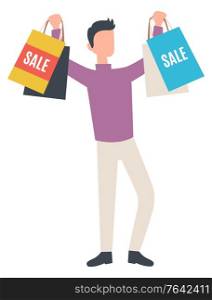 Young man with colorful paper bags. Guy with purchases isolated on white background. Shopping on sales. Big discounts on old collection. Vector illustration. Young Man with Shopping Bags, Sale Concept Vector