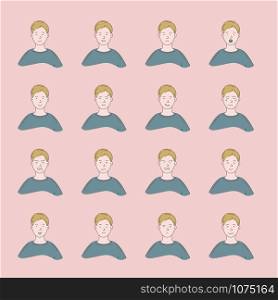 Young man with different facial expressions.Young boy smiling, happy, kind, unhappy face character.Set of man emotions.Facial expression.Lifestyle concept.Vector design illustrations.