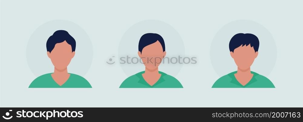 Young man with different haircuts semi flat color vector character avatar set. Portrait from front view. Isolated modern cartoon style illustration for graphic design and animation pack. Young man with different haircuts semi flat color vector character avatar set