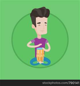 Young man with eyes closed playing ethnic drum. Caucasian mucisian playing ethnic drum. Man playing ethnic music on tom-tom. Vector flat design illustration in the circle isolated on background.. Man playing ethnic drum vector illustration.