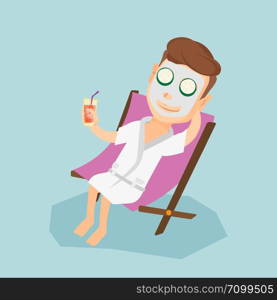 Young man with face mask and cucumber slices on eyes lying in chaise lounge in beauty salon. Man relaxing in beauty salon. Man having beauty treatments. Vector flat design illustration. Square layout.. Man getting beauty treatments in the salon.