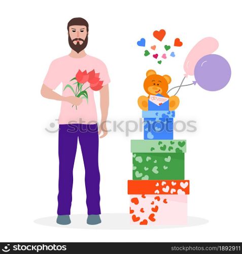 Young man with flowers and gift boxes, balloons, soft toy bear. Birthday, Valentine&rsquo;s day, Mother&rsquo;s Day vector background. Design for greeting card, banner, poster or print.