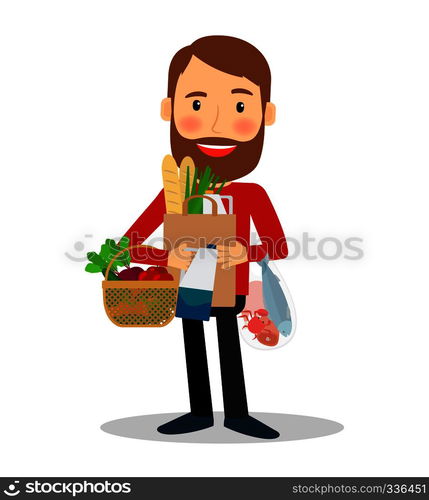 Young man with food bags and basket, containing vegetables, fish, bread. Vector illustration.. Young man with food bag