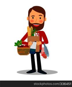 Young man with food bags and basket, containing vegetables, fish, bread. Vector illustration.. Young man with food bag