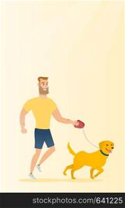 Young man with his dog. Happy hipster man with beard taking dog on walk. Caucasian man walking with his small dog. Smiling man walking a dog on leash. Vector flat design illustration. Vertical layout.. Young man walking with his dog.