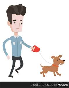 Young man with his dog. Happy man taking dog on walk. Caucasian man walking with his small dog. Smiling man walking a dog on leash. Vector flat design illustration isolated on white background. . Young man walking with his dog vector illustration