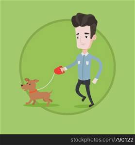 Young man with his dog. Happy man taking dog on walk. Caucasian man walking with his small dog. Smiling guy walking a pet on leash. Vector flat design illustration in the circle isolated on background. Young man walking with his dog vector illustration