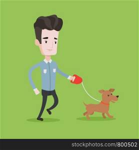Young man with his dog. Happy man taking dog on walk. Caucasian man walking with his small dog. Smiling man walking a dog on leash. Vector flat design illustration. Square layout.. Young man walking with his dog vector illustration
