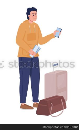 Young man with luggage bags and flight ticket semi flat color vector character. Standing figure. Full body person on white. Simple cartoon style illustration for web graphic design and animation. Young man with luggage bags and flight ticket semi flat color vector character