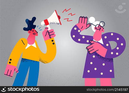 Young man with megaphone scream to senior grandmother having problems with hearing. Grandchild yell shout in loudspeaker to old granny with deafness. Flat vector illustration. . Man with loudspeaker shout to grandmother with hearing problem