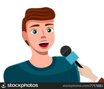 Young man with microphone, news reporter or show host. Cartoon vector character broadcaster dark-haired guy isolated on white background. Person gives interviews to journalists answering questions. Young man with microphone, news reporter or show host. Cartoon vector character broadcaster