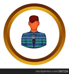 Young man with microphone vector icon in golden circle, cartoon style isolated on white background. Young man with microphone vector icon