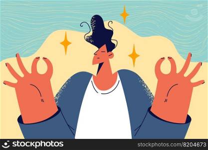 Young man with mudra hands meditate relieve negative energy. Male practice yoga thinking positive. Stress free and meditation concept. Vector illustration.. Man meditate relive negative energy