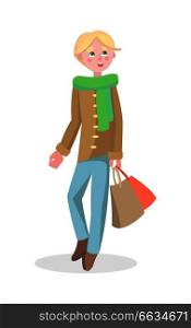 Young man with paper bags vector illustration. Holiday shopping flat concept isolated on white background. Male cartoon character make purchases icon. Buyer with goods bought on seasonal sale   