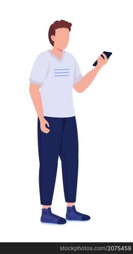 Young man with phone semi flat color vector character. Standing figure. Full body person on white. Phubbing behavior isolated modern cartoon style illustration for graphic design and animation. Young man with phone semi flat color vector character