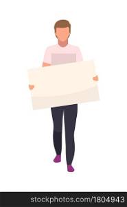 Young man with poster semi flat color vector character. Standing figure. Full body person on white. Male protester isolated modern cartoon style illustration for graphic design and animation. Young man with poster semi flat color vector character