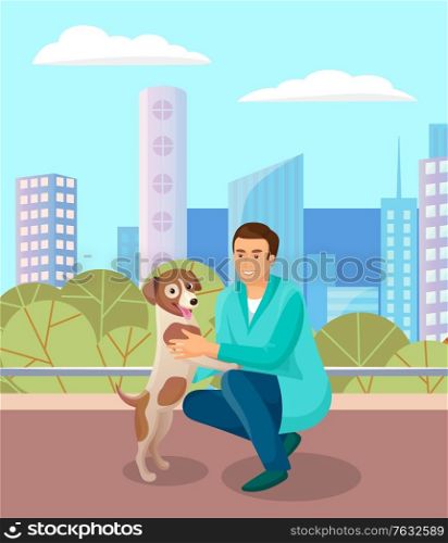 Young man with puppy on city street. Guy, pet owner walking his dog and cityscape with skyscrapers and buildings on background. Vector illustration in flat cartoon style. Pet Owner, Man with Dog on City Street Vector