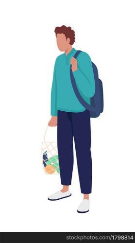 Young man with reusable string bag semi flat color vector character. Full body person on white. Shopping at grocery store isolated modern cartoon style illustration for graphic design and animation. Young man with reusable string bag semi flat color vector character