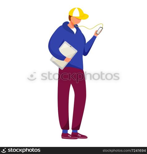 Young man with smartphone and tablet flat vector illustration. Adolescent music lover boy watching on phone screen. Standing teenager with gadgets isolated cartoon character on white background