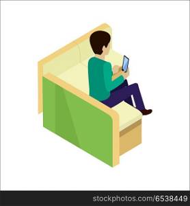 Young Man with Smartphone. Young man sitting relaxed on sofa with smartphone, waiting for someone. Man doing online shopping. Man make purchases through the internet sitting on the couch. Isometric vector illustration in flat.