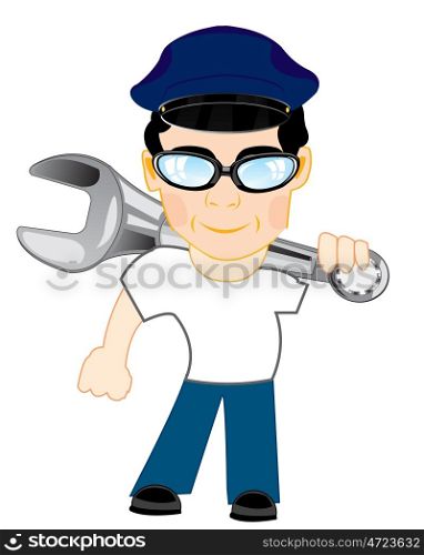 Young man with tools. Man master with tools key on white background is insulated
