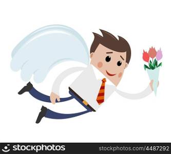 Young man with wings with a bouquet of flowers on a white background. Flying joyful &#xA;successful businessman with a bouquet of tulips. The flat style. Stock vector illustration