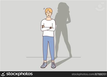 Young man with woman shadow. Transgender guy think of changing gender. Vector illustration. Concept of personal identity and expression. . Young man with woman shadow 