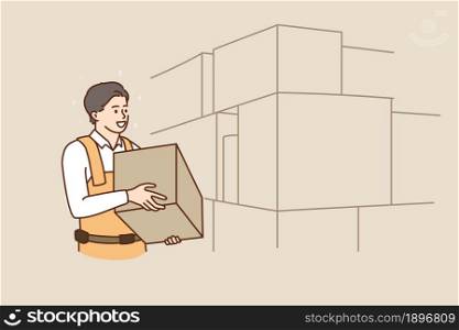 Young man worker hold carry package work on warehouse. Smiling guy courier deliveryman with parcel package on depo or storage house. Delivery company service. Flat vector illustration.. Man employee with package work on warehouse