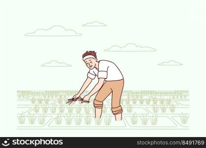 Young man working in field in countryside. Male farmer busy in cropland on harvest season. Agriculture and farming. Vector illustration. . Male farmer working in field