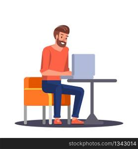 Young Man Working in Laptop. Male Freelance Businessman Programming in Cafe Indoor. Modern Workplace in Coworking Center. Creative Busy Hipster Employee Writing. Flat Vector Character.. Young Man Working in Laptop. Freelance in Cafe.