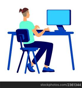 Young man working on computer semi flat color vector character. Sitting figure. Full body person on white. Remote job simple cartoon style illustration for web graphic design and animation. Young man working on computer semi flat color vector character