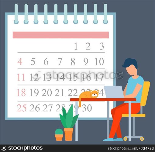 Young man working with computer at home. Cat sitting on desk near laptop. Freelance concept. Time management, calendar and planning. Vector illustration in flat cartoon style. Man working with Laptop at Home. Freelance vector