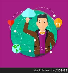 Young man writing on a virtual screen. Businessman drawing a cloud computing diagram on a virtual screen. Cloud computing concept. Vector flat design illustration in the circle isolated on background.. Man writing cloud computing on virtual screen.