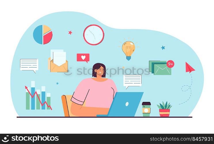 Young manager working online flat vector illustration. Female expert conducting distance content analysis of social networks, creating effective SMM strategy. Technology, freelance, workplace concept