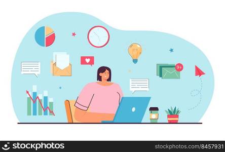Young manager working online flat vector illustration. Female expert conducting distance content analysis of social networks, creating effective SMM strategy. Technology, freelance, workplace concept