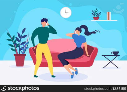 Young Married Couple Talking Phone at Home Cartoon. Two People, Boyfriend and Girlfriend, Man and Woman Rest in Living Room. Modern Dependence and Addiction Problem Flat Vector Illustration. Young Married Couple Talking Phone at Home Cartoon