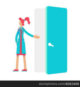 Young medical doctor points to open doors semi flat color vector character. Standing figure. Full body person on white. Simple cartoon style illustration for web graphic design and animation. Young medical doctor points to open doors semi flat color vector character