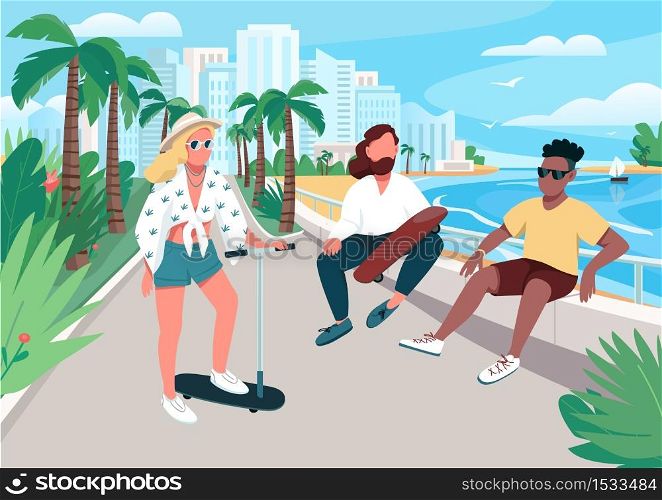 Young men and woman summer activity flat color vector illustration. People walking on resort town street. Teenager riding scooter and skating. Tourists 2D cartoon characters with city on background. Young men and woman summer activity flat color vector illustration