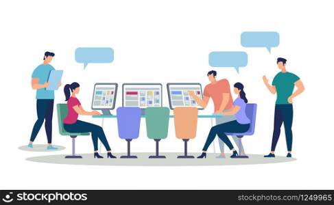 Young Men and Women Characters Using Electronic Gadgets and Computers for Work and Communication Isolated on White Background. Girls Sitting at Desk with PC Monitors. Cartoon Flat Vector Illustration.. Young Men and Women Using Gadgets and Computers