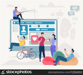 Young Men and Women Communicating via Internet Using Mobile App. Guys and Girls Messaging in Social Media Application on Big Monitor Background with Network Profile. Cartoon Flat Vector Illustration. People Communicating via Internet Using Mobile App