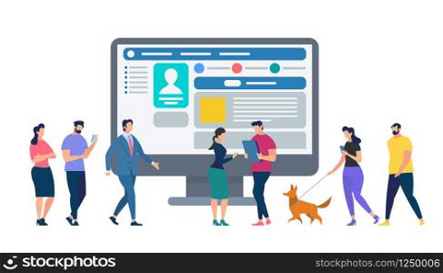 Young Men and Women Holding Smartphones, Texting, Talking, Listening to Music, at Huge Monitor Background. Group of Male and Female Characters with Mobile Phones. Cartoon Flat Vector Illustration. People with Smartphones at Huge Monitor Background