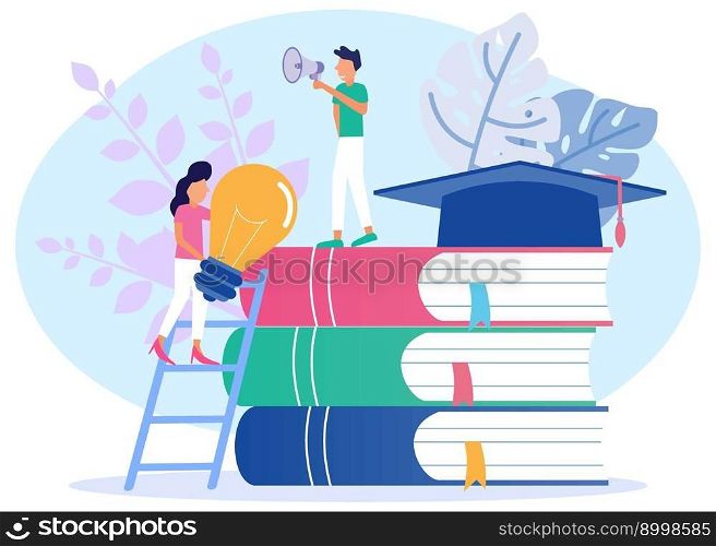 Young men and women standing near a pile of books. Toga on the book. Education, business and lifestyle. Modern vector illustration.