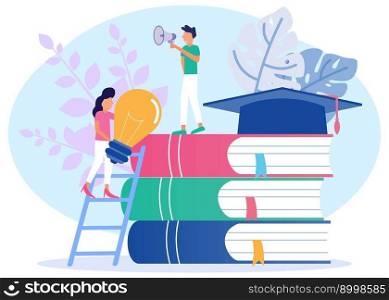 Young men and women standing near a pile of books. Toga on the book. Education, business and lifestyle. Modern vector illustration.